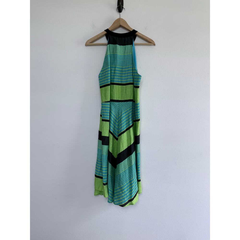 NANETTE LEPORE kiwi green blue striped Y2K Bogatelle linen blend hi lo dress - Picture 4 of 11